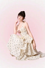 roberta Polka dots Applique Halter layer Midi Dress - apricot