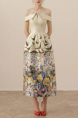 nina Retro floral print off-shoulder midi dress in apricot