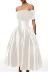 AinaraOff-the-Shoulder Satin White Midi Dress