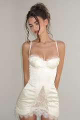 lorraine White Satin Mini Dress with Lace Panels