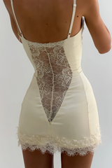 lorraine White Satin Mini Dress with Lace Panels