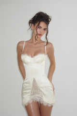 lorraine White Satin Mini Dress with Lace Panels