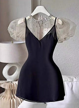 Marion Dark blue Chiffon Mini Dress with Sheer Rhinestone Mesh & Tulle Puff Sleeves