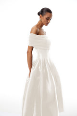 AinaraOff-the-Shoulder Satin White Midi Dress