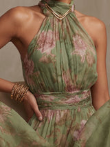 polly Green Floral Chiffon Halter Maxi Dress