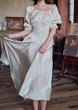 Square neck puff sleeve lace satin maxi dress - white
