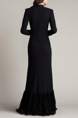 joyce black Ruffled Gathered high slit Knit Midi Dress