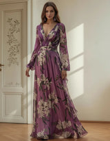 phoenix v-neck floral print puff sleeve maxi dress in purple