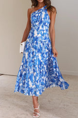 vivien one-shoulder Floral printed midi dress - blue