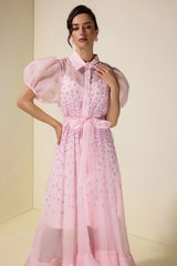 sylvia Rhinestone Puff Sleeve Maxi Dress With Belt - pink