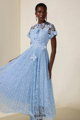 selena Lace Butterfly Pleated Midi Dress - blue