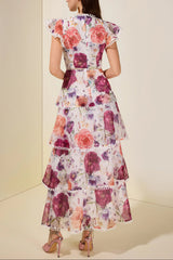 zenobia Floral Lace Ruffle Maxi Dress - white