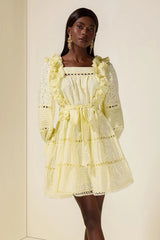 victoria Embroidered hollow Ruffle Mini Dress - yellow