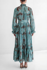 kristin Teal Printed Tiered Ruffle Maxi Dress - green