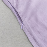 LILAC RUFFLE TRIM ASYMMETRICAL HEM SATIN MIDI DRESS