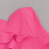 OFF SHOULDER RUFFLE TRIM BODYCON GOWN IN PINK