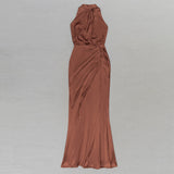 HALTER NECK RUCHED SATIN PROM DRESS