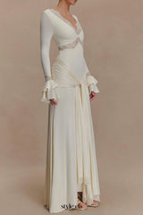 pamela V-neck lace see-through maxi dress in white