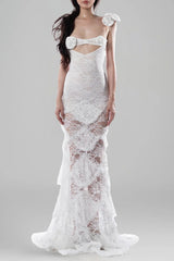 jessie White flower hollow Bodycon Fishtail Maxi Dress
