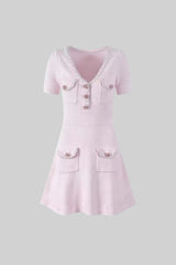sandra Textured Mini Dress With V-Neckline And Jewel Buttons - Pink