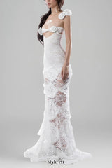 jessie White flower hollow Bodycon Fishtail Maxi Dress