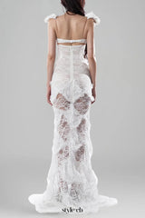 jessie White flower hollow Bodycon Fishtail Maxi Dress