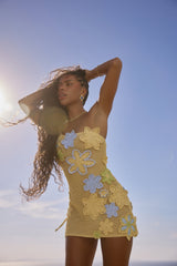 one-shoulder Floral Crochet Mini Dress - yellow