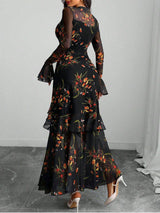 pandora Black Floral Mesh Ruffle Maxi Dress