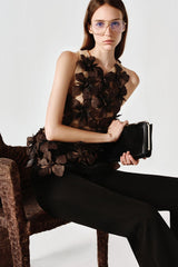 Moyer Bodycon Flower Applique Tulle Top in black