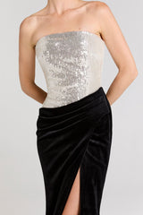 nancy off shoulder sequin high slit velvet maxi Dress - Silver/Black