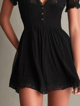 Classic Muse Smocked Lace-Trim Black Mini Dress