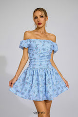 sophia Blue Floral Off-Shoulder Mini Dress
