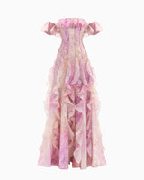 helen Floral Frill Off-Shoulder Maxi Dress in pink