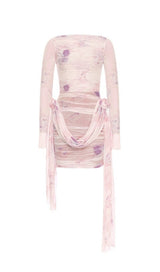 PINK FLARED LONG-SLEEVED PRINTED FLORAL MINI DRESS