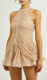 CHAMPAGNE AMENAE EMBELLISHED RUCHED MINI DRESS