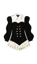 DIAMOND SPLICED COLOR LAPEL TEMPERAMENT RUFFLES DRESS