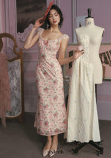julie floral print lace trim midi dress - pink
