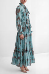 kristin Teal Printed Tiered Ruffle Maxi Dress - green