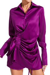 tiffany ruched satin shirt mini dress - purple