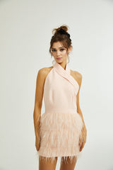 tara feather-detail tassel halter backless dress in pink