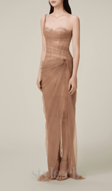 ONE SHOULDER MESH RUCHED MIDI DRESS