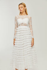 LACE LAYERED HIGH-WAISTED MIDI DRESS IN WHITE