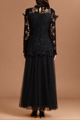 yvette black Long Sleeve Folds Lace Butterfly Top And Skirt Two-Piece Set