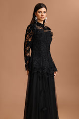 yvette black Long Sleeve Folds Lace Butterfly Top And Skirt Two-Piece Set