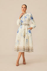 White Floral Print Midi Dress