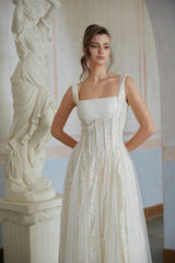 jessica Neutral Tulle Panel Lace Maxi Dress in white