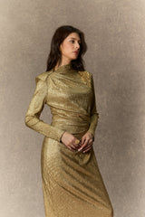 michelle Gold Floral Embellished Texture Midi Dress