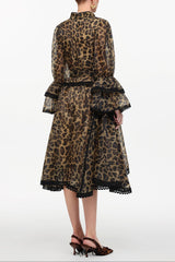 Uhren V-Neck Long Sleeve Falbala Lace Woven Leopard Print Mini Dress