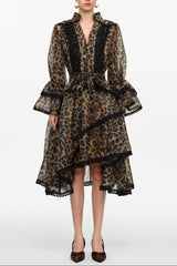 Uhren V-Neck Long Sleeve Falbala Lace Woven Leopard Print Mini Dress