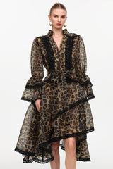 Uhren V-Neck Long Sleeve Falbala Lace Woven Leopard Print Mini Dress